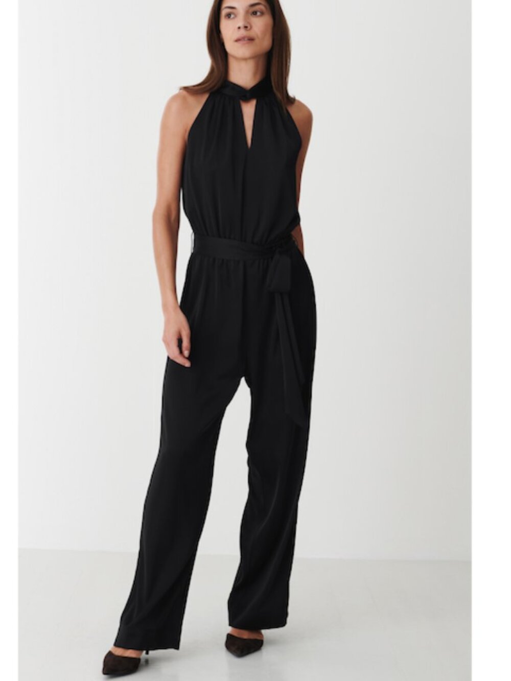 Karmamia Delia Black Jumpsuit Halter Neck Belted Satin NWT Size S